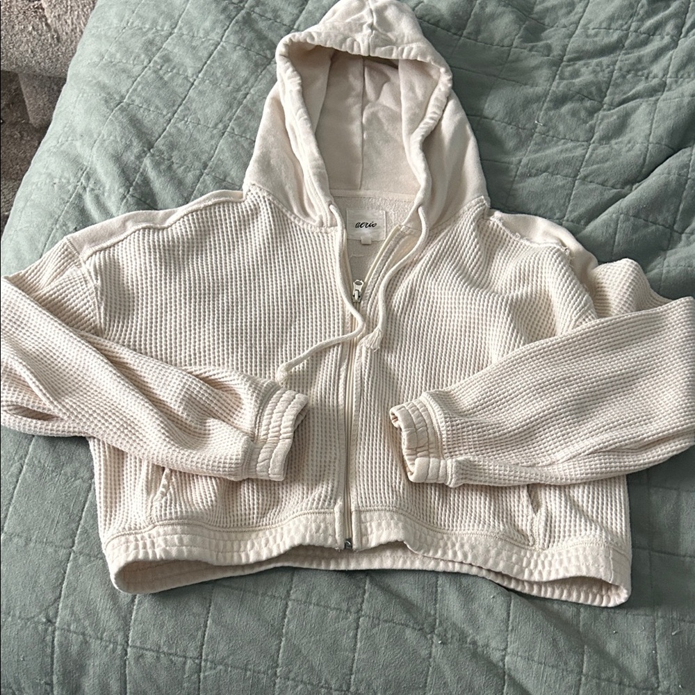 Aerie Cream Waffle Knit Zip-Up Sweatshirt